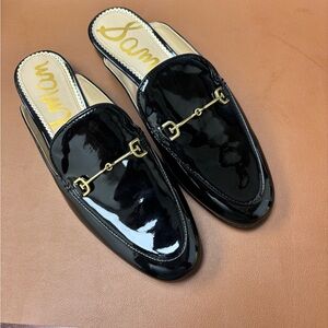 Sam Edelman Black Patent Mules with Gold Accent